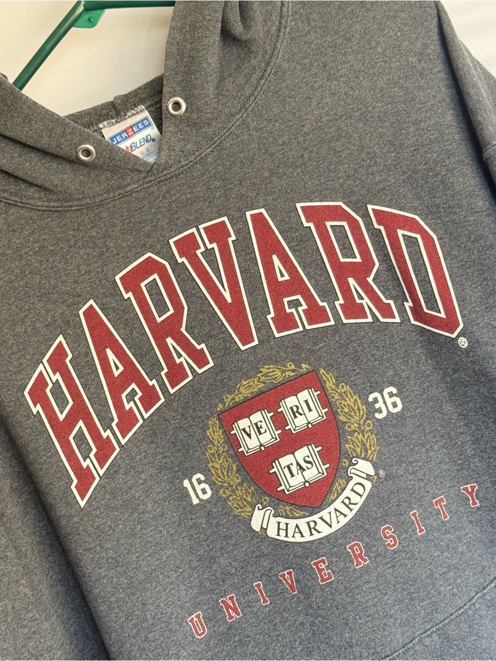 Jerzees Nu Blend Gray Harvard Graphic Hoodie with Red Lettering